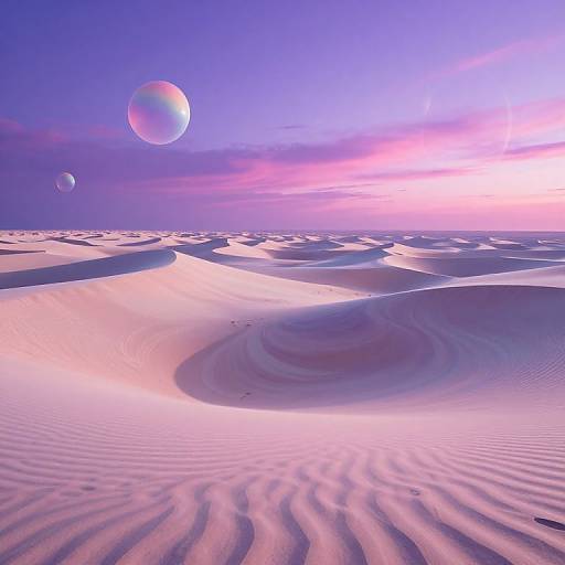 Digital art of a surreal, purple-pink sunset over rippled sand dunes with three floating, iridescent bubbles in the sky.
