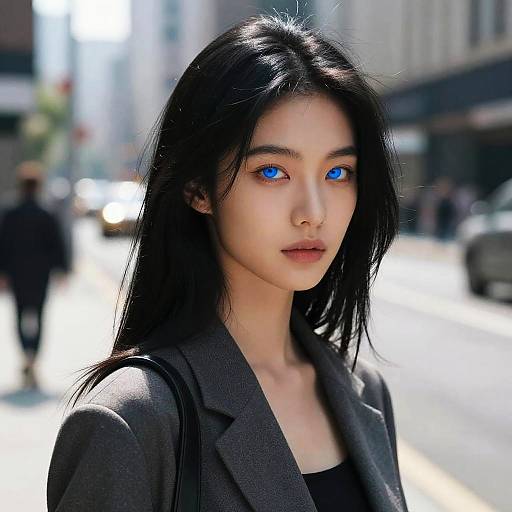 Digital portrait of an East Asian woman with long black hair, striking blue eyes, wearing a grey blazer, standing on a sunlit urban street.