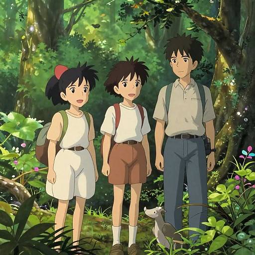 Anime-style illustration of three children, two boys and one girl, standing in a lush, sunlit forest with a small cat. They wear casual clothes