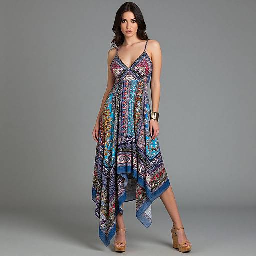 Photograph of a woman with long black hair, wearing a colorful, patterned, V-neck, sleeveless dress, and tan high-heeled sandals