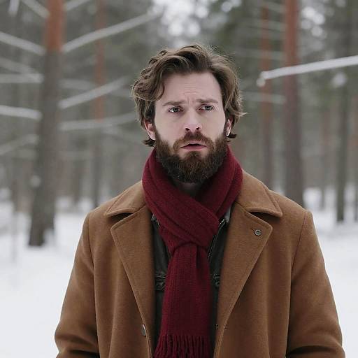 Concerned Man in Snowy Forest Setting
