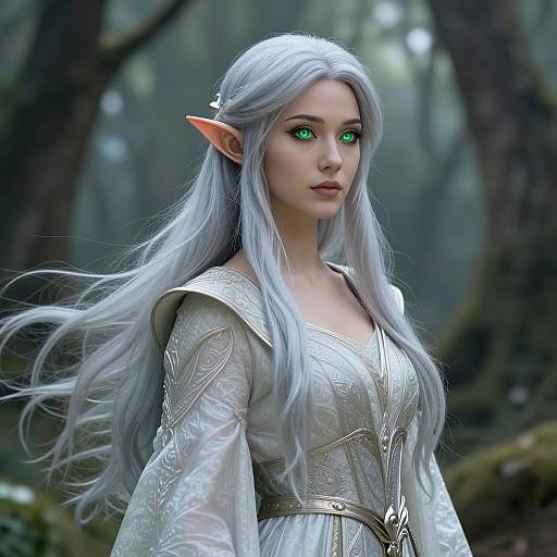 Digital artwork of a beautiful, ethereal elf woman with long silver hair, pointed ears, green eyes, and a detailed white gown in a mystical forest