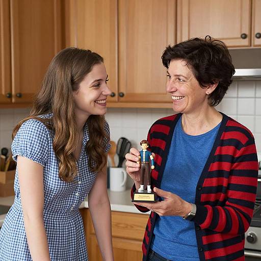 Two Women Smiling in Kitchen with Figurine