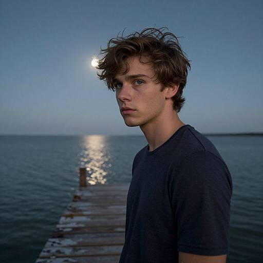 Photograph of a young, handsome Caucasian man with tousled brown hair, wearing a dark blue shirt, standing on a wooden pier at twilight, with