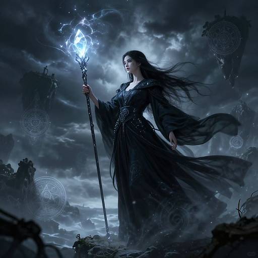 Digital artwork: Dark-haired witch in flowing black robe holds glowing staff, standing under stormy, moonlit sky with mystical runes.