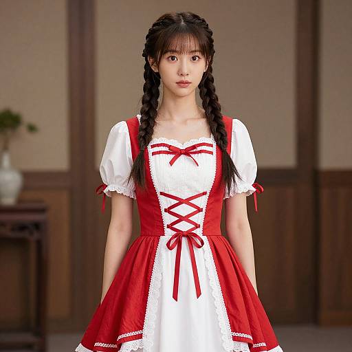 Digital rendering of an Asian woman with long black braids, wearing a red and white frilled dress with red ribbons, standing in a wooden-pane