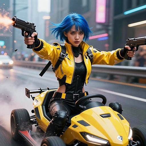 Digital artwork of a blue-haired woman with black outfit and yellow jacket, riding a yellow hoverbike, dual-wielding guns in a neon-lit city
