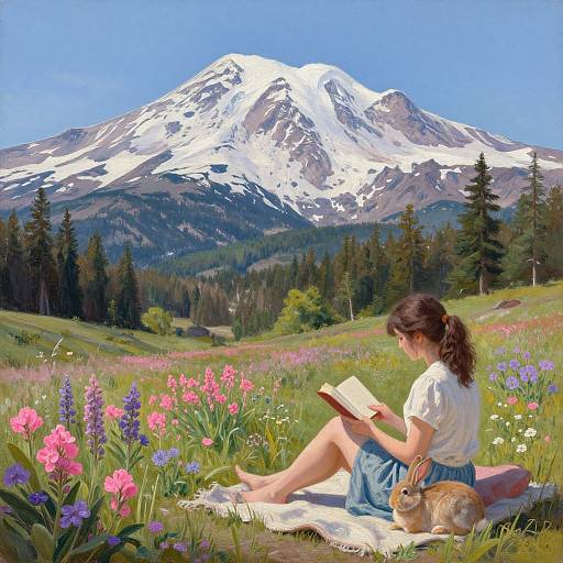 Photograph-style digital painting: Brown-haired woman in white shirt and blue skirt reads book on blanket, surrounded by colorful wildflowers, beside a snow-c