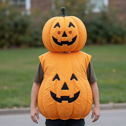 Photograph of a person wearing a two-layered, orange, jack-o'-lantern costume with carved facial expressions, standing outdoors on a grassy