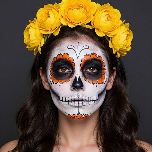 Photograph of a woman with white face paint, black eye sockets, orange flower accents, black nose, and yellow flower crown against a dark background.