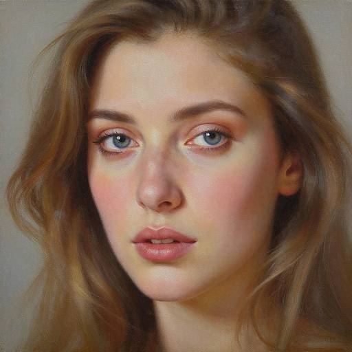 Realistic digital portrait of a young woman with fair skin, blue eyes, and wavy brown hair, gazing softly with subtle pink lips.