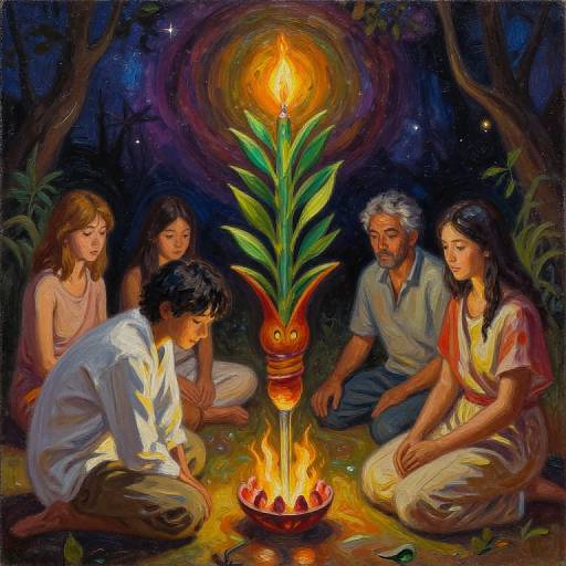 Vibrant, digital painting of five diverse, seated individuals, including a young boy and two women, gathered around a glowing, plant-like fire in