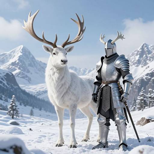 Digital artwork of a silver-armored knight with antlers standing beside a large white deer with antlers in a snowy mountain landscape.