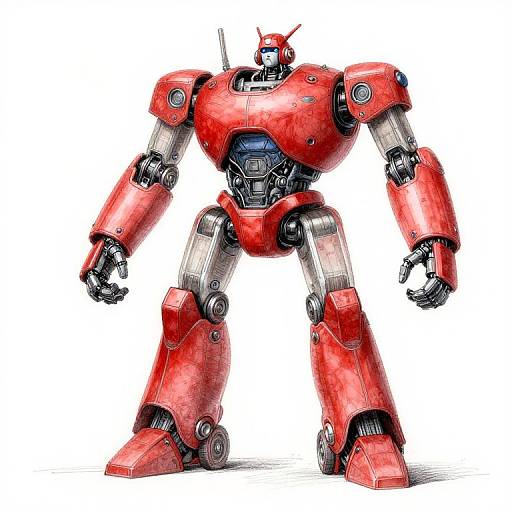 Digital illustration of a red, robotic humanoid with metallic joints, large shoulders, and a head featuring a single red antenna. White background.