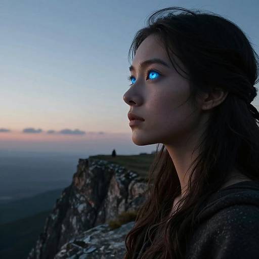 Photograph of a young woman with glowing blue eyes, dark hair, and fair skin, standing on a rocky cliff at sunset.
