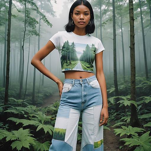 Young Woman in Y2K Crop Top and Patchwork Denim in Misty Forest