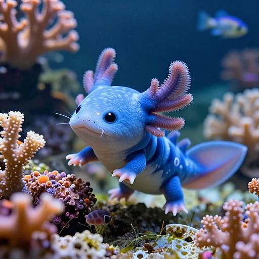 Photograph of a vibrant blue, finned, fish-like sea creature with pink, frilled gills, swimming among colorful coral reefs underwater.