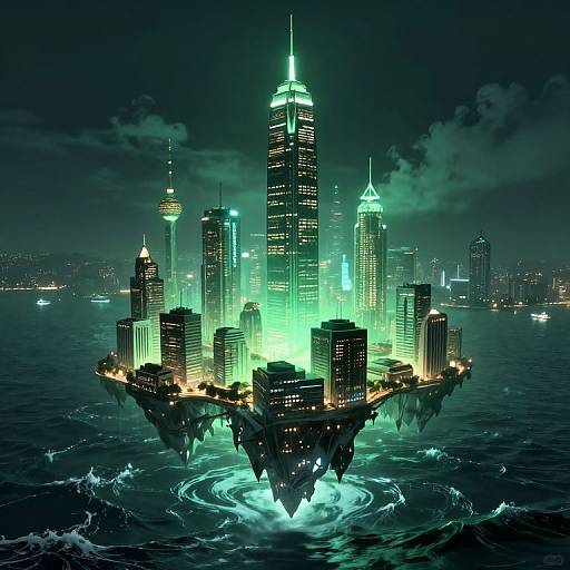 Digital art: Futuristic, neon-lit floating cityscape of skyscrapers with glowing green lights, rising from dark ocean, surrounded by swirling water