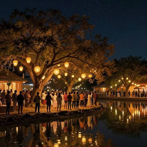 Nighttime photograph of a festive outdoor gathering by a lake, illuminated by warm, glowing lanterns hanging from trees, reflecting on the water, with crowds