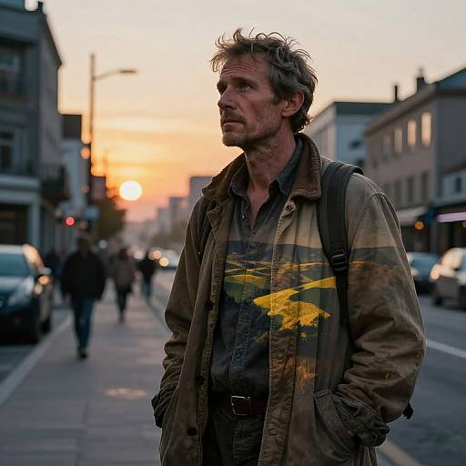Photograph of a rugged, middle-aged man with messy hair and beard, wearing a worn, camouflage jacket, standing on a street at sunset, with