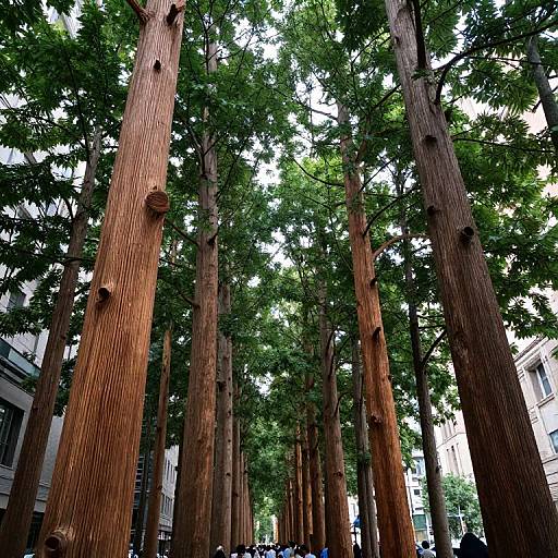 Photograph of tall, slender redwood trees with textured bark, dense green foliage, and urban buildings partially visible in the background.