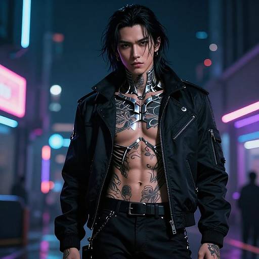Neon-lit cyberpunk street scene: tattooed, muscular man with black hair, open black jacket, revealing chest tattoos, and black pants,