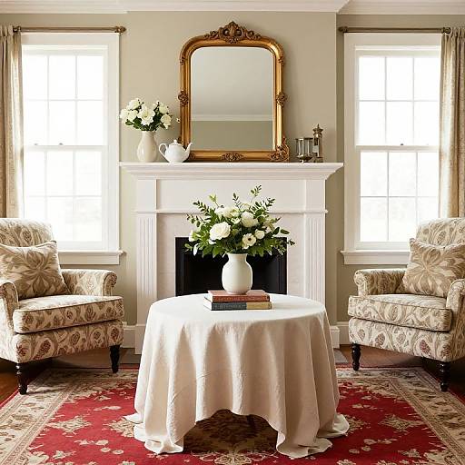 Elegant living room photograph: floral armchairs, white-covered round table with floral vase, ornate mirror, white fireplace, red patterned rug