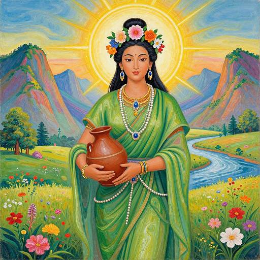 Goddess in Vibrant Nature Scene