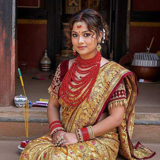 Photograph of a South Asian bride in a gold and red traditional saree, adorned with multiple red bead necklaces and jewelry, seated indoors, with