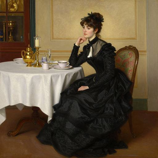 Victorian-era woman in black lace dress, seated at round table with white cloth, tea set, and glass decanter, in ornate room.