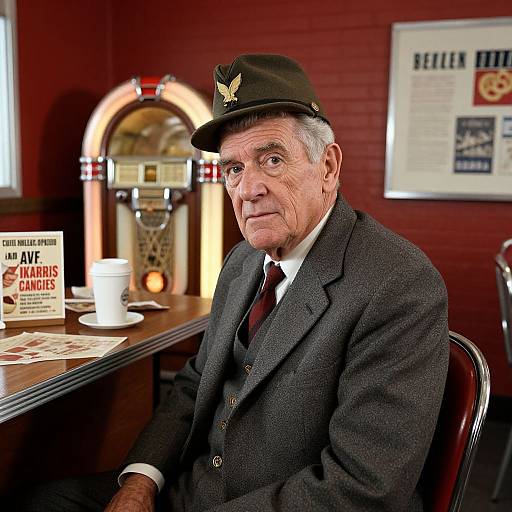 Photograph of an elderly white man in a dark suit, red tie, and black hat with a gold emblem, sitting in an office with a slot