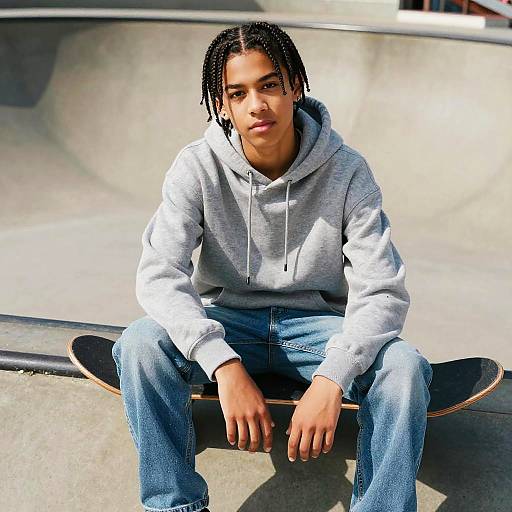 Young Black man with braided hair sits on skateboard at concrete skate park, wearing gray hoodie and blue jeans, sunlight illuminating.