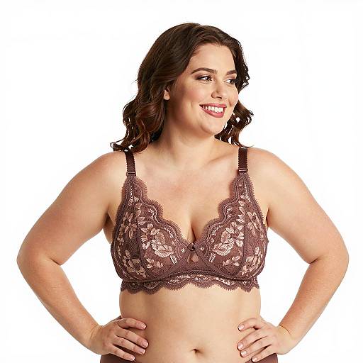 Joyful Plus-Sized Woman in Brown Lace