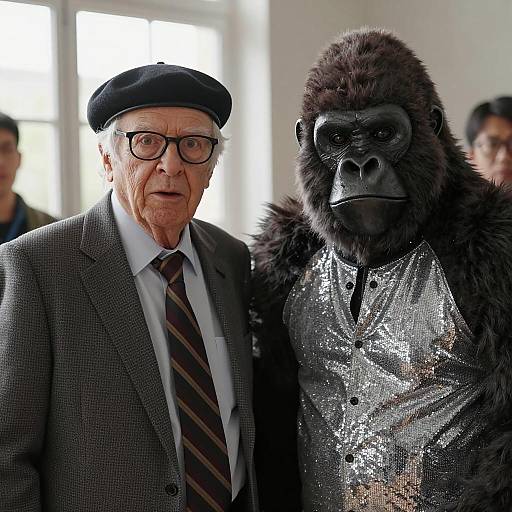 Elderly Man with Gorilla Mask Companion Indoors