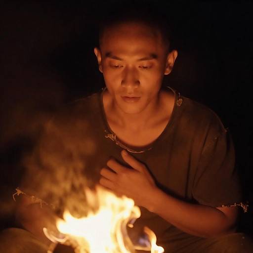 Bald Figure Bathed in Orange Firelight