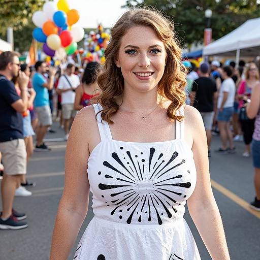Photograph of a smiling woman with wavy brown hair, wearing a white dress with black burst print, at a colorful outdoor festival with balloons and people