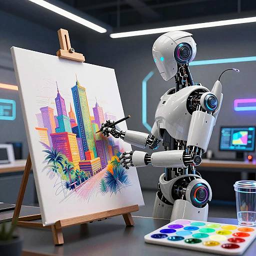 Futuristic Robot Artist in Cyberpunk Studio