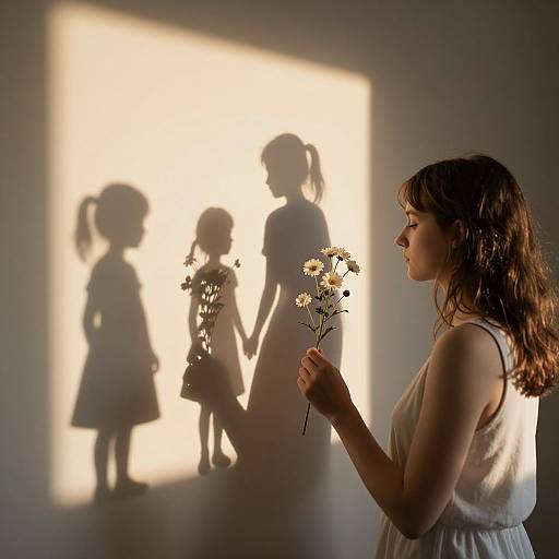 Photograph of a pregnant woman with brown hair in a white dress, holding daisies, casting shadow of three children on wall.