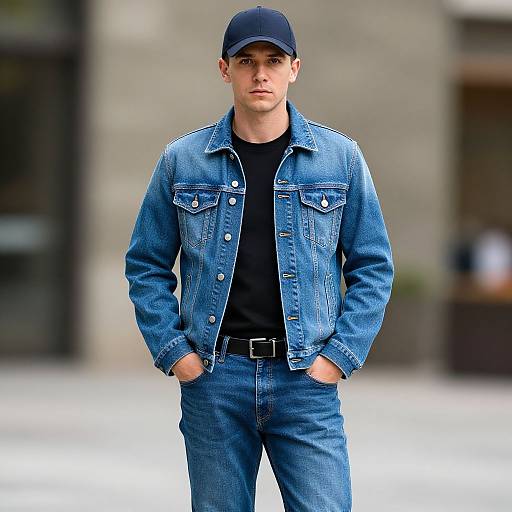 Photograph of a young man in a blue denim jacket, black shirt, and jeans, hands in pockets, wearing a black cap, standing against a