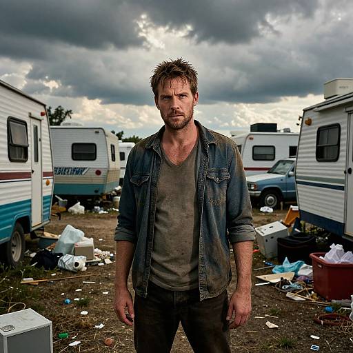 Photograph of a rugged, bearded man with spiky brown hair, wearing a dirty denim jacket and tattered brown shirt, standing in a clutter