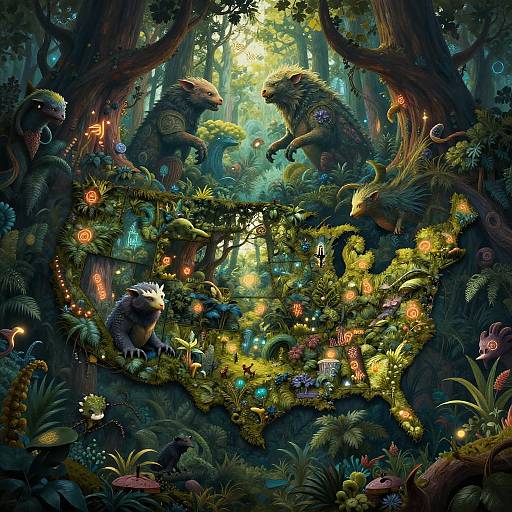 Fantastical digital painting of a dense forest with whimsical, anthropomorphic creatures adorned in glowing, colorful garlands, interacting playfully amidst lush,