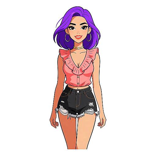 Digital anime-style drawing of a smiling woman with purple hair, pink ruffled top, and black, frayed denim shorts, standing against a white background