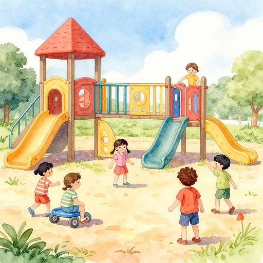 Colorful digital drawing of a playground: children play on a red-roofed, multi-slide playset, surrounded by trees and grassy area.