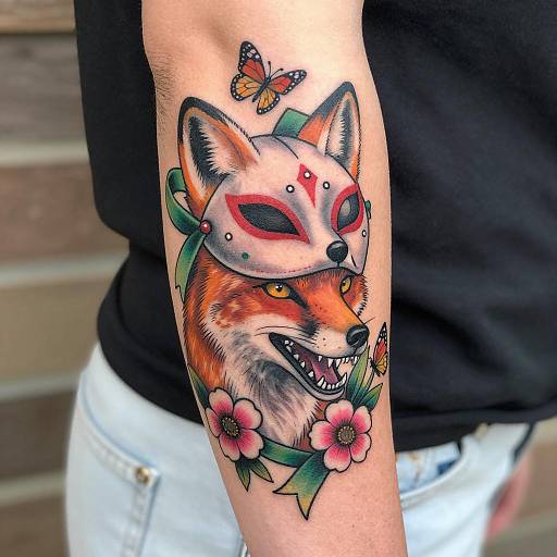 Colorful Fox Tattoo with Mask and Flowers