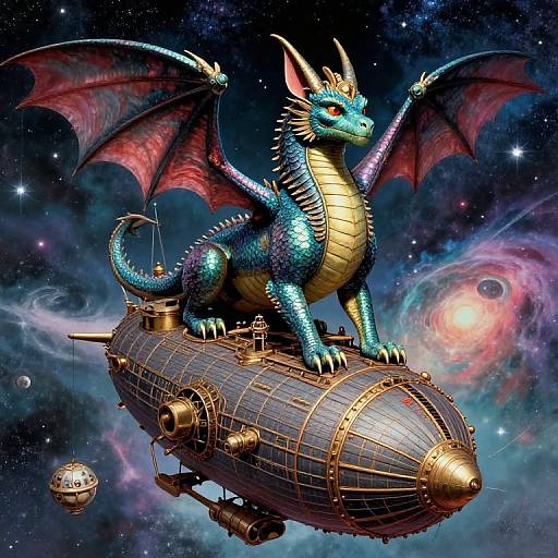 Vibrant digital artwork of a blue, red-winged dragon with golden underbelly, standing on a steampunk airship in a colorful