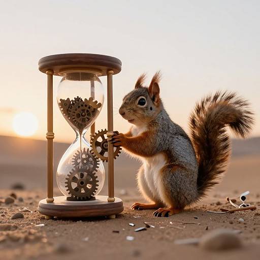 Photorealistic CGI: Adorable gray squirrel with bushy tail, standing on sandy ground, playing with gears in wooden hourglass at sunset.