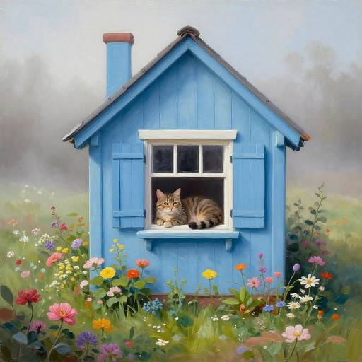 Digital painting of a blue wooden house with a window, displaying a relaxed tabby cat inside, surrounded by vibrant flowers in a lush, colorful meadow