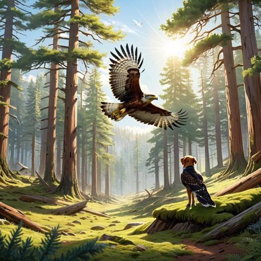 Dog with Wings Watching Eagle in Forest