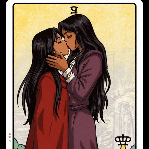 Digital anime-style drawing of two long-haired women in traditional robes, sharing a passionate kiss against a yellow gradient background. Suit of Cups tarot card theme
