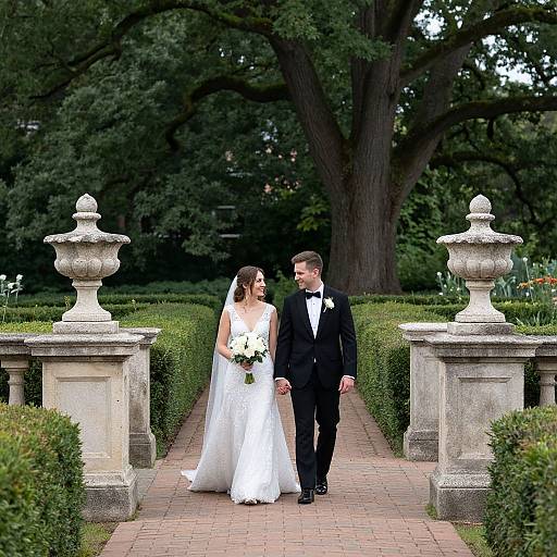 Photograph of a bride in a white lace gown and veil, holding a bouquet, and a groom in a black tuxedo, walking down a